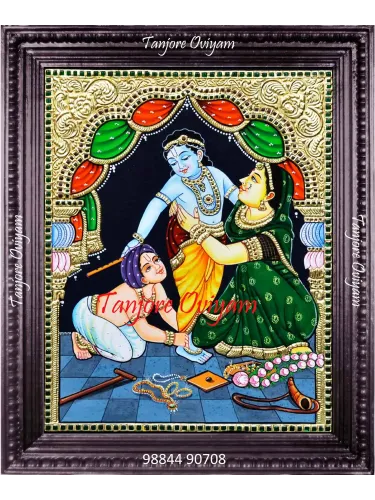 Traditional Krishna Yashodha Tanjore painting showing Yashoda guiding young Krishna with gold foil detailing